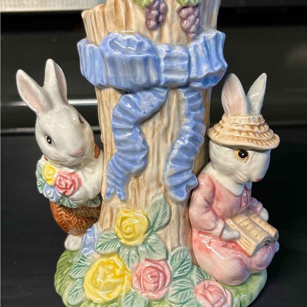 Vintage Fitz and Floyd Ceramic Bunny vase with Blue Ribbon from 1989